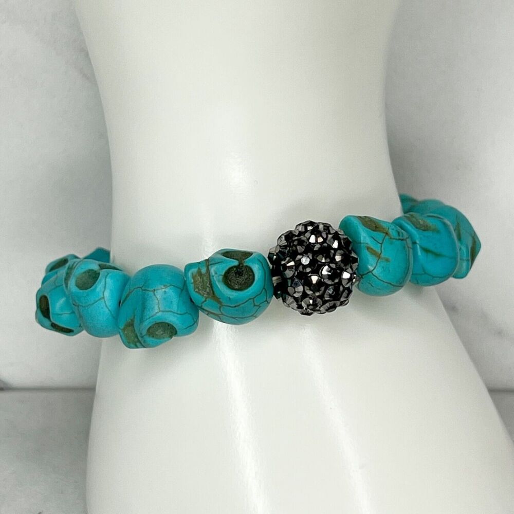 Faux Turquoise Skull Rhinestone Beaded Stretch Bracelet